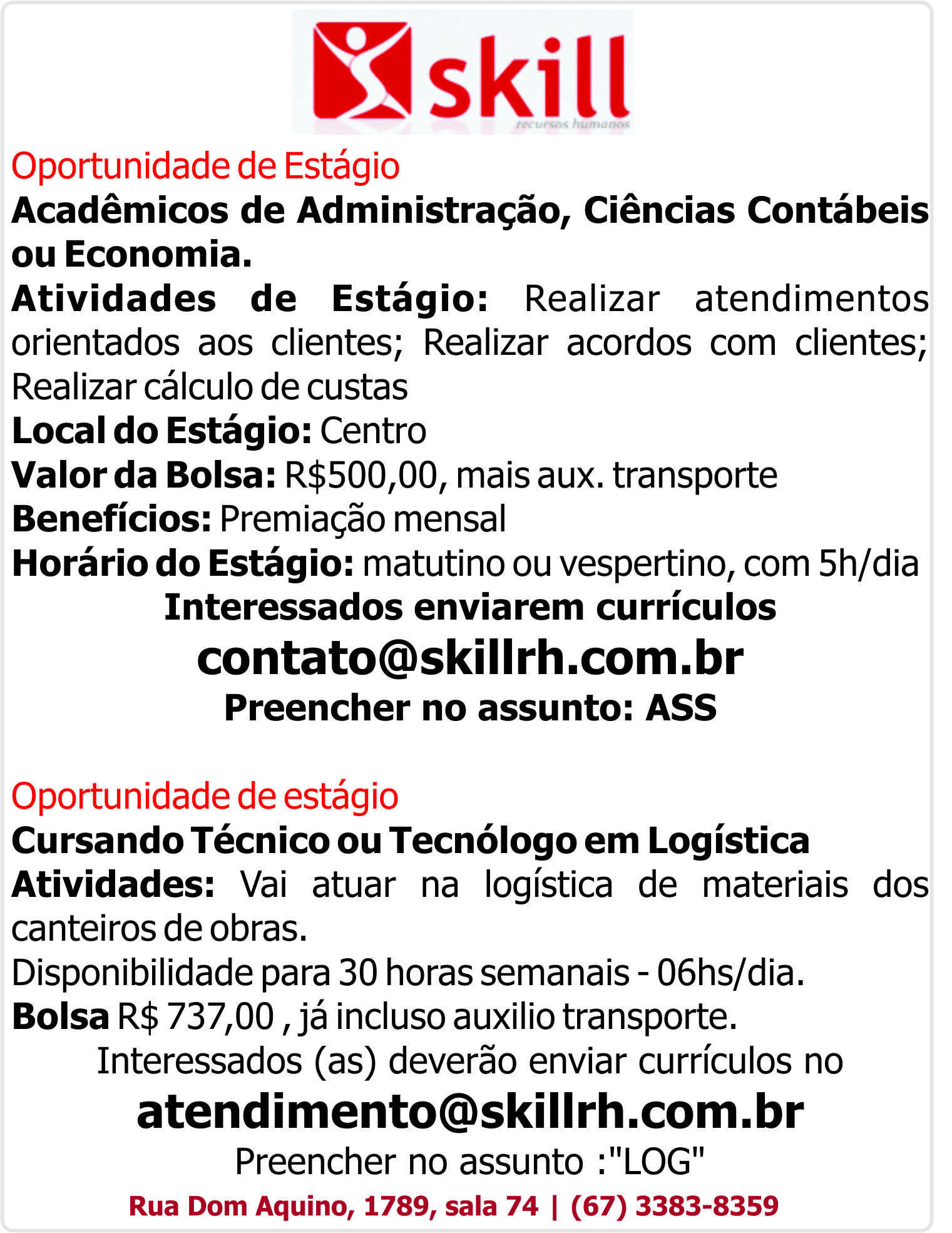 Oportunidade de estágio para Ciências Contábeis